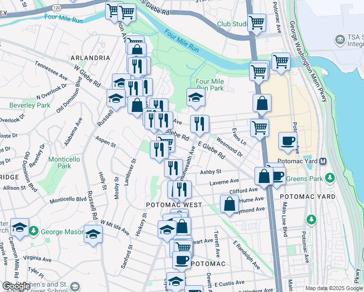 map of restaurants, bars, coffee shops, grocery stores, and more near 7 Leadbeater Street in Alexandria
