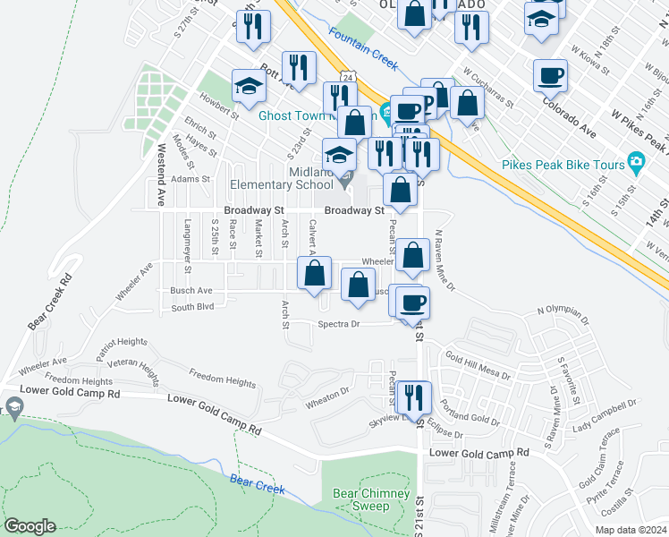 map of restaurants, bars, coffee shops, grocery stores, and more near 1406 South Pine Street in Colorado Springs