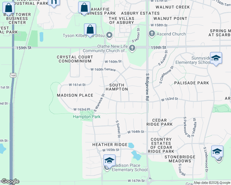 map of restaurants, bars, coffee shops, grocery stores, and more near 16243 South Blake Street in Olathe