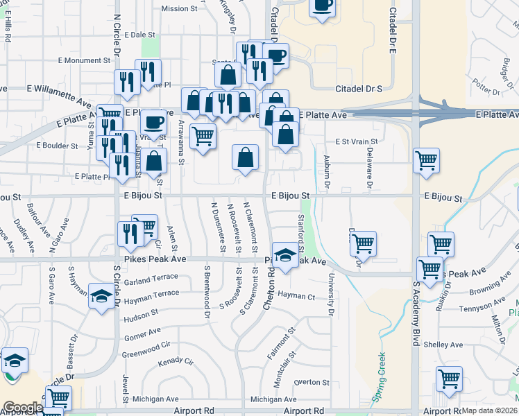 map of restaurants, bars, coffee shops, grocery stores, and more near 115 North Claremont Street in Colorado Springs