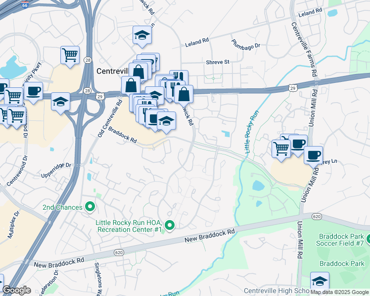 map of restaurants, bars, coffee shops, grocery stores, and more near 5823 Westwater Court in Centreville