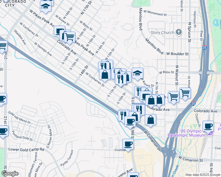 map of restaurants, bars, coffee shops, grocery stores, and more near 1106 West Cucharras Street in Colorado Springs