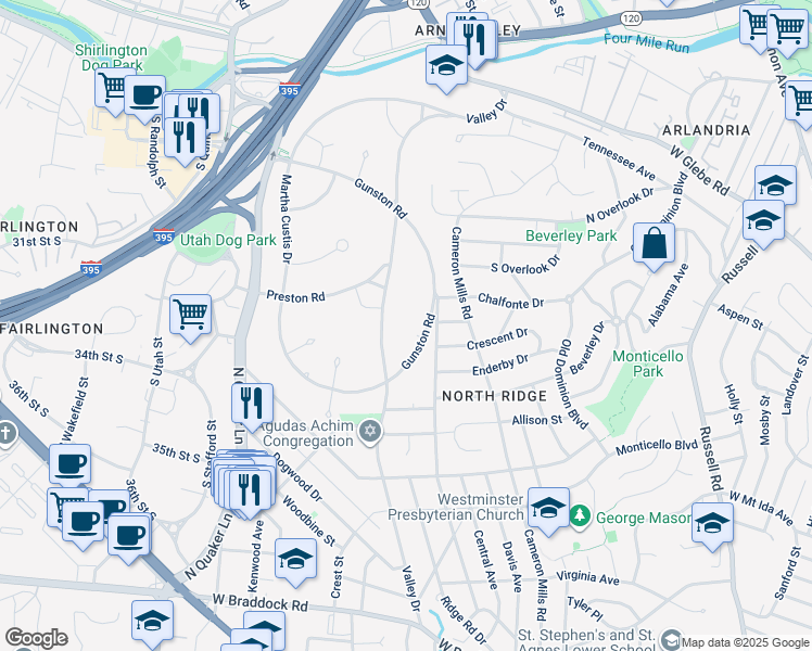 map of restaurants, bars, coffee shops, grocery stores, and more near 3268 Gunston Road in Alexandria