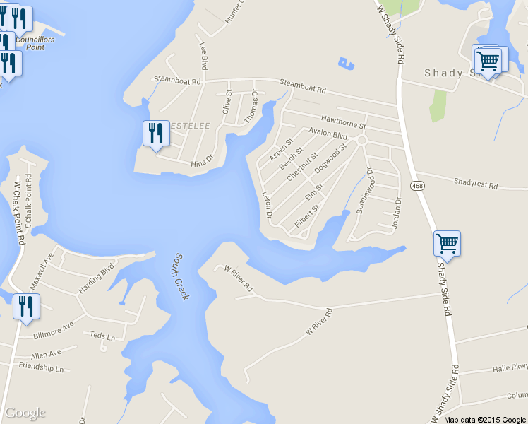 map of restaurants, bars, coffee shops, grocery stores, and more near 5014 Lerch Drive in Shady Side