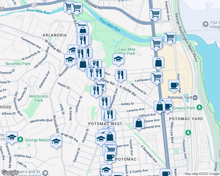 map of restaurants, bars, coffee shops, grocery stores, and more near 7 Leadbeater Street in Alexandria