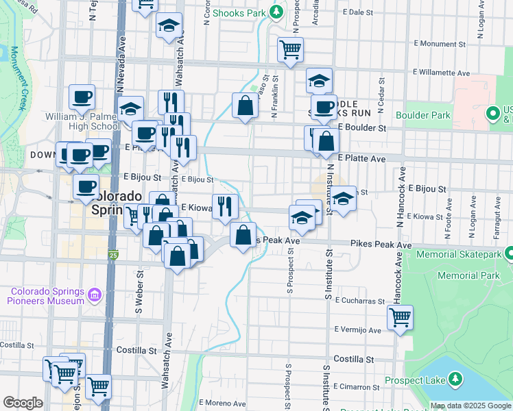 map of restaurants, bars, coffee shops, grocery stores, and more near 702B East Kiowa Street in Colorado Springs