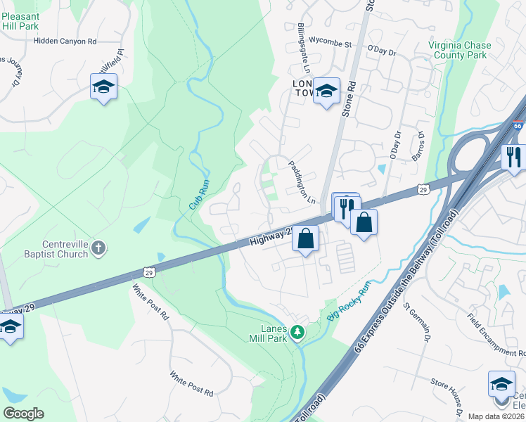 map of restaurants, bars, coffee shops, grocery stores, and more near 6318 Paddington Lane in Centreville