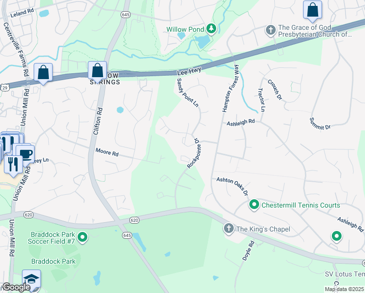 map of restaurants, bars, coffee shops, grocery stores, and more near 13041 Harvest Place in Clifton