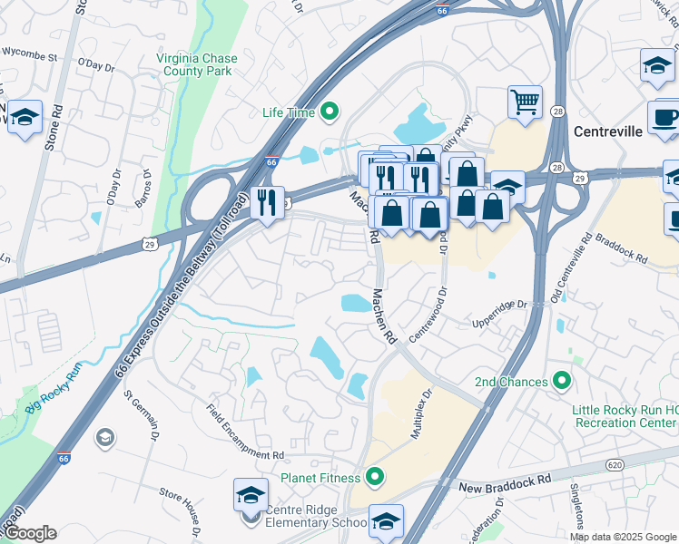 map of restaurants, bars, coffee shops, grocery stores, and more near 14304 Rosy Lane in Centreville