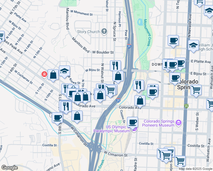 map of restaurants, bars, coffee shops, grocery stores, and more near 423 West Kiowa Street in Colorado Springs