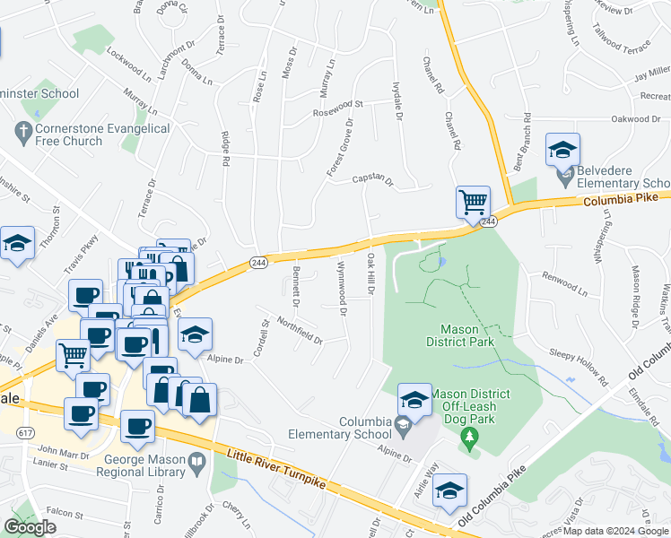 map of restaurants, bars, coffee shops, grocery stores, and more near 4102 Wynnwood Drive in Annandale
