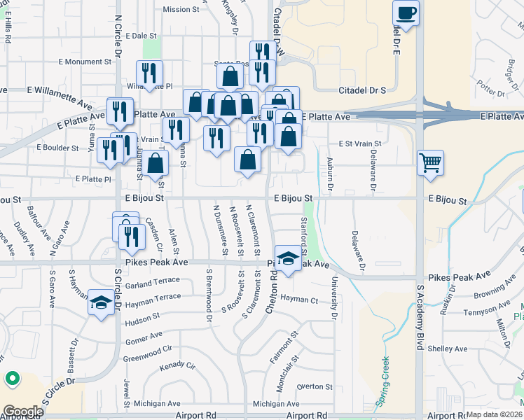 map of restaurants, bars, coffee shops, grocery stores, and more near 115 North Claremont Street in Colorado Springs