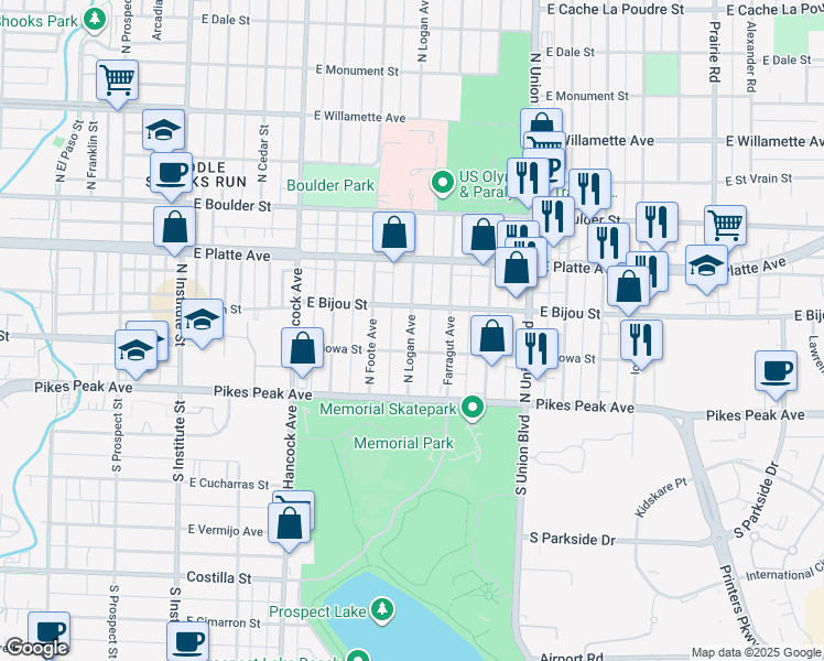 map of restaurants, bars, coffee shops, grocery stores, and more near 111 North Logan Avenue in Colorado Springs