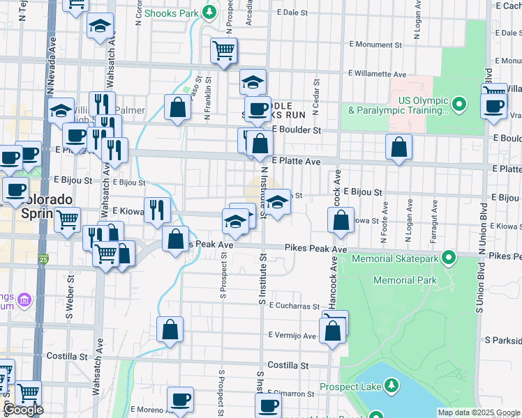 map of restaurants, bars, coffee shops, grocery stores, and more near 848 East Kiowa Street in Colorado Springs