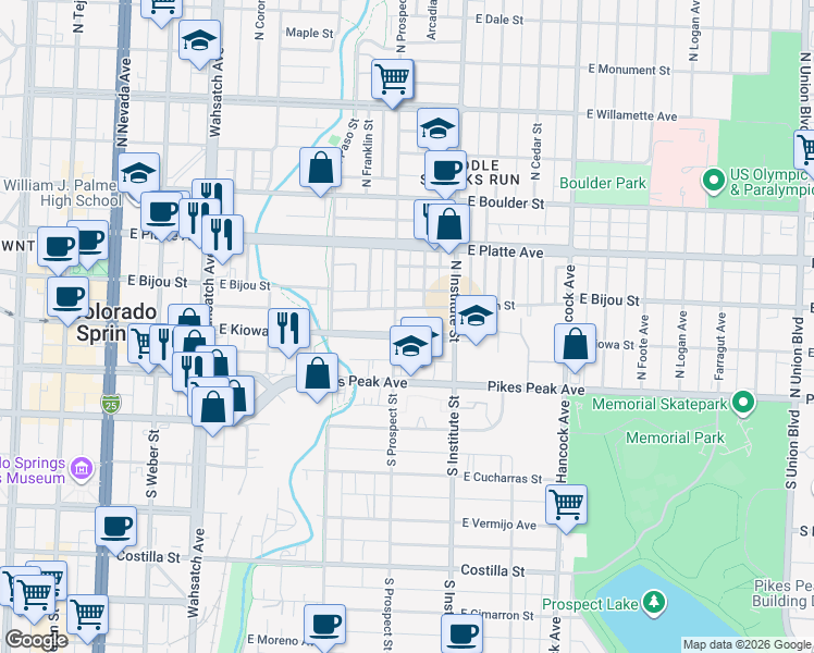 map of restaurants, bars, coffee shops, grocery stores, and more near 822 East Kiowa Street in Colorado Springs