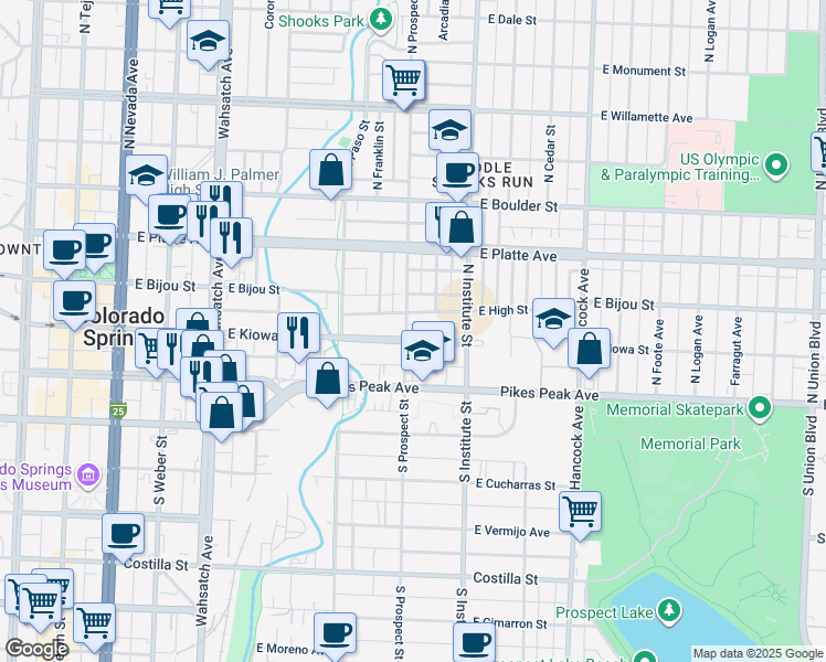 map of restaurants, bars, coffee shops, grocery stores, and more near 822 East Kiowa Street in Colorado Springs
