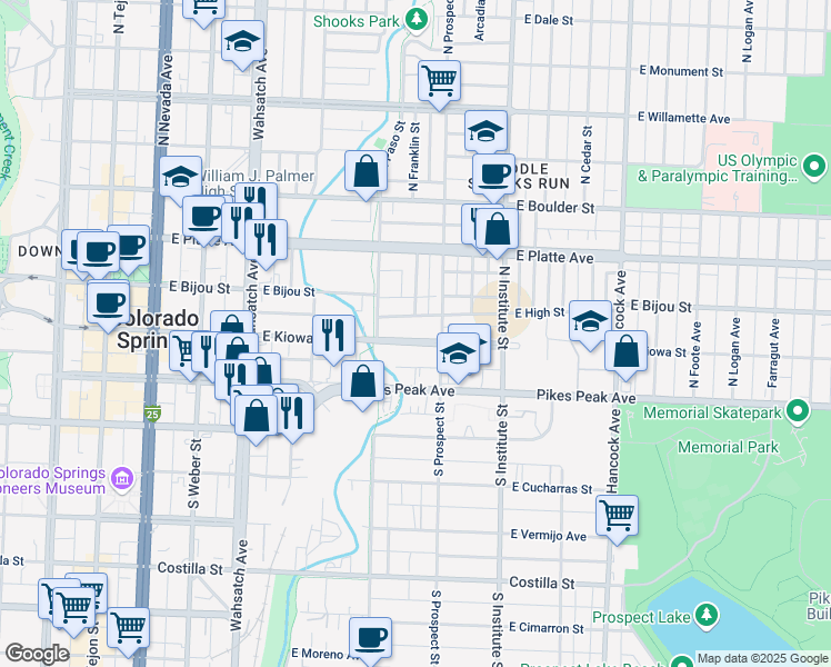 map of restaurants, bars, coffee shops, grocery stores, and more near 744 East Kiowa Street in Colorado Springs