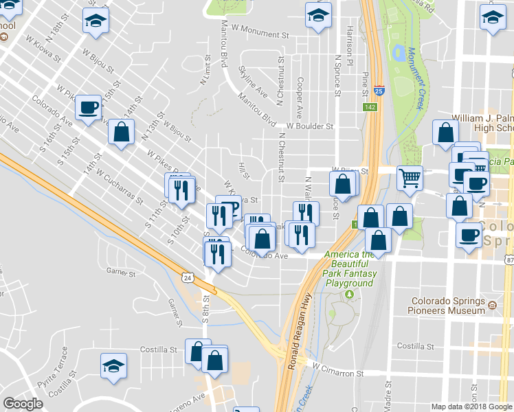 map of restaurants, bars, coffee shops, grocery stores, and more near 11 North 8th Street in Colorado Springs