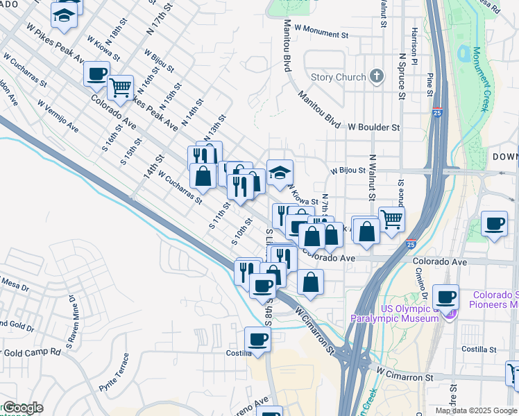 map of restaurants, bars, coffee shops, grocery stores, and more near 11 Colorado Avenue in Colorado Springs
