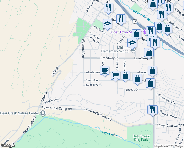 map of restaurants, bars, coffee shops, grocery stores, and more near 2507 Wheeler Avenue in Colorado Springs
