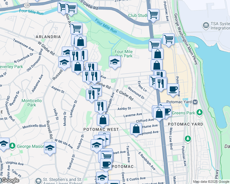 map of restaurants, bars, coffee shops, grocery stores, and more near 3407 Commonwealth Avenue in Alexandria