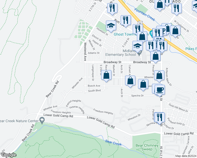 map of restaurants, bars, coffee shops, grocery stores, and more near 2507 Wheeler Avenue in Colorado Springs