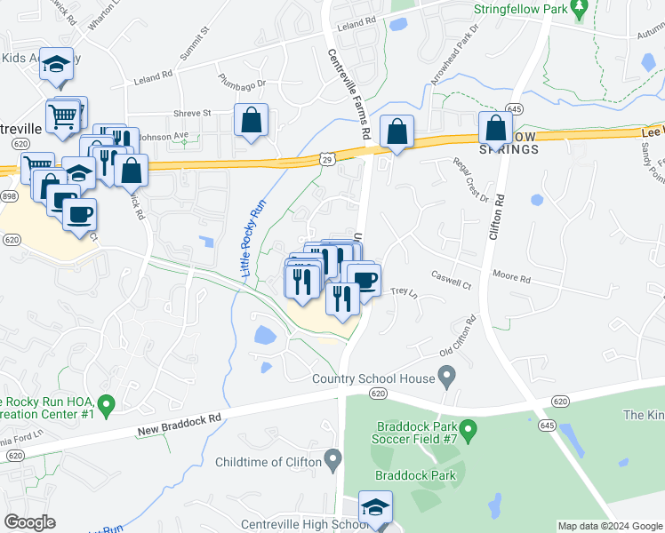 map of restaurants, bars, coffee shops, grocery stores, and more near 5678 White Dove Lane in Clifton