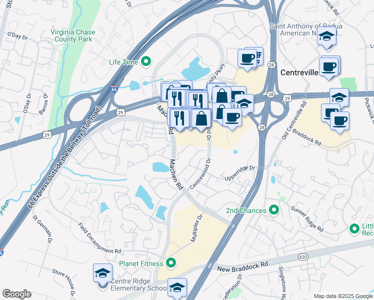 map of restaurants, bars, coffee shops, grocery stores, and more near 6021 Callaway Court in Centreville