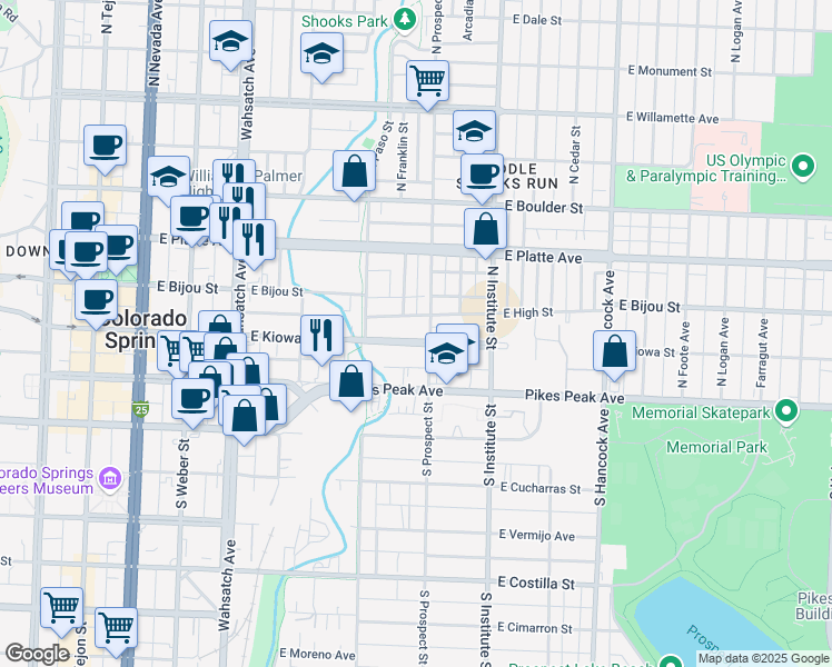 map of restaurants, bars, coffee shops, grocery stores, and more near 744 East Kiowa Street in Colorado Springs