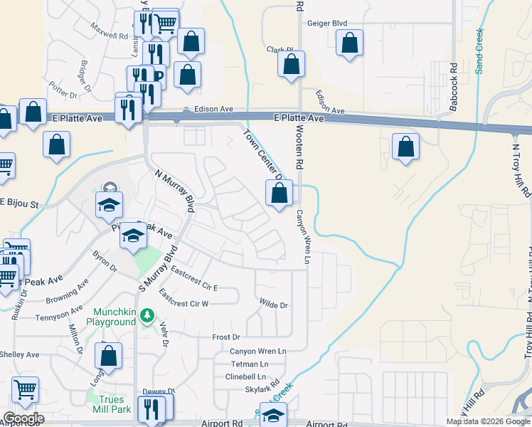 map of restaurants, bars, coffee shops, grocery stores, and more near Alpine Dr in Colorado Springs