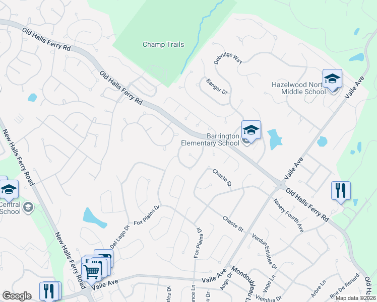 map of restaurants, bars, coffee shops, grocery stores, and more near 948 Sprinters Row Drive in Florissant