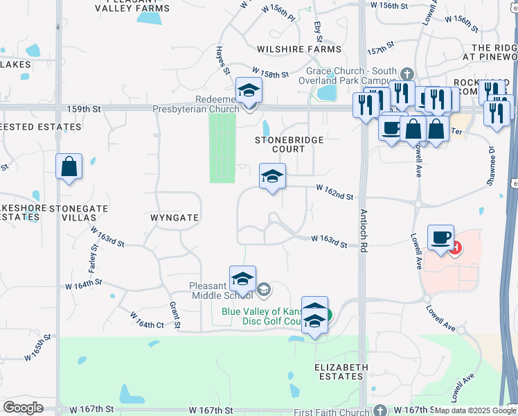 map of restaurants, bars, coffee shops, grocery stores, and more near 16200 Antioch Road in Overland Park
