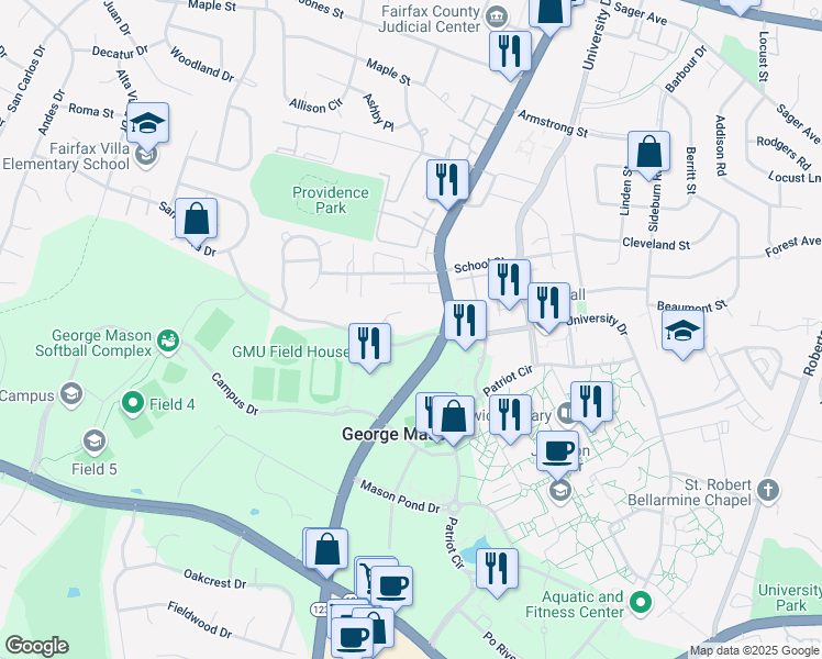 map of restaurants, bars, coffee shops, grocery stores, and more near 4500 University Drive in Fairfax
