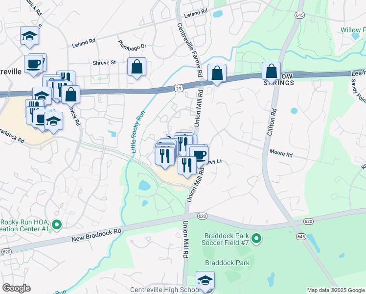 map of restaurants, bars, coffee shops, grocery stores, and more near 5680 White Dove Lane in Clifton