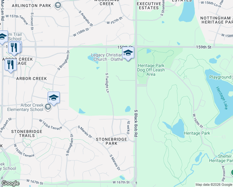 map of restaurants, bars, coffee shops, grocery stores, and more near 16090 South Lackman Road in Olathe