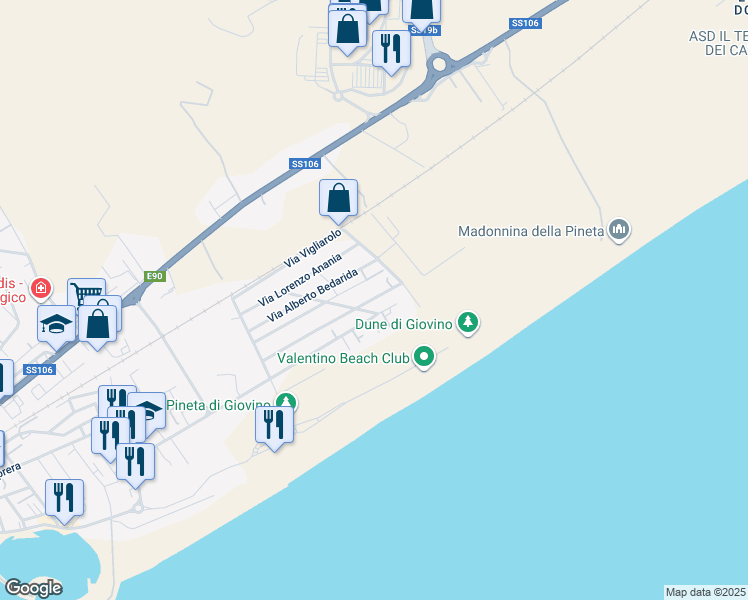 map of restaurants, bars, coffee shops, grocery stores, and more near 27A Via Carlo Pisacane in Catanzaro