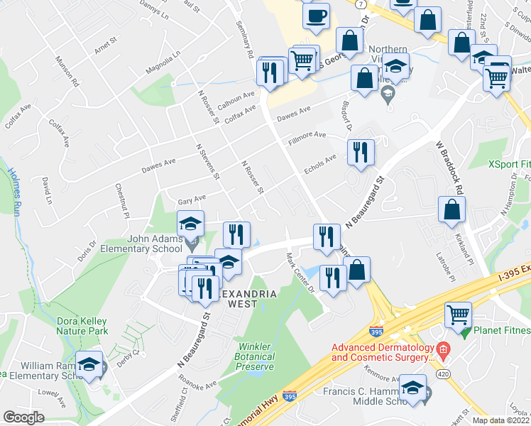 map of restaurants, bars, coffee shops, grocery stores, and more near 5400 Echols Avenue in Alexandria