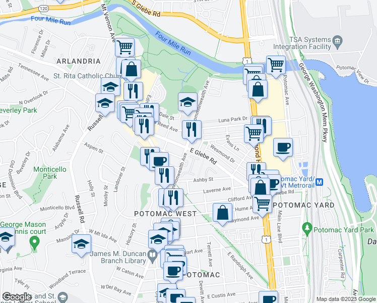 map of restaurants, bars, coffee shops, grocery stores, and more near 3407 Commonwealth Avenue in Alexandria