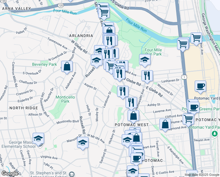 map of restaurants, bars, coffee shops, grocery stores, and more near 3304 Landover Street in Alexandria