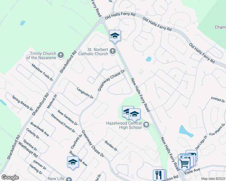 map of restaurants, bars, coffee shops, grocery stores, and more near 3463 Woodpath Dr in Florissant