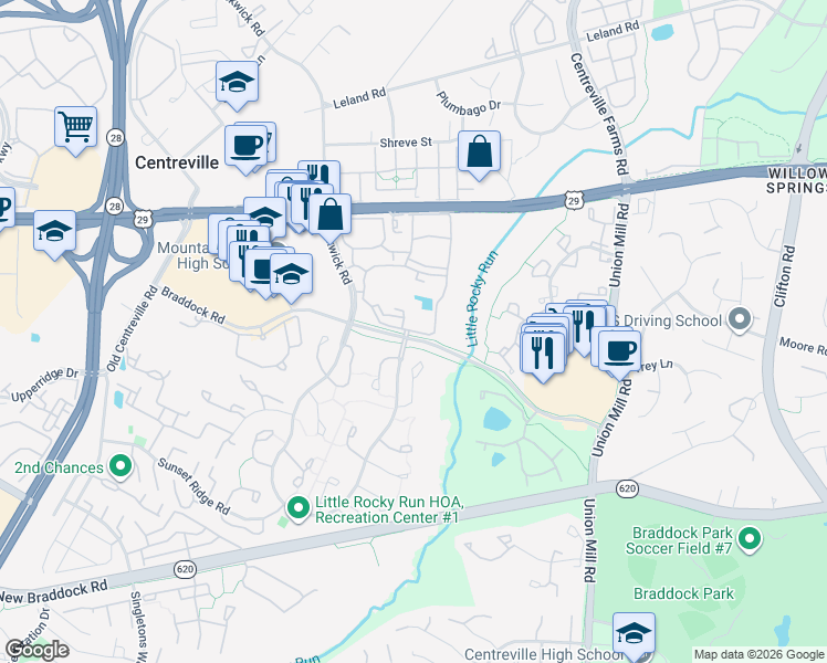 map of restaurants, bars, coffee shops, grocery stores, and more near 13702 Bent Tree Circle in Centreville