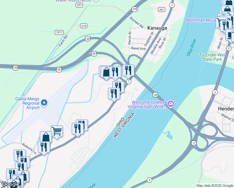 map of restaurants, bars, coffee shops, grocery stores, and more near 609 Ohio River Scenic Byway in Gallipolis