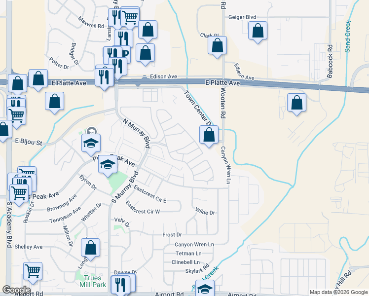 map of restaurants, bars, coffee shops, grocery stores, and more near 205 North Murray Boulevard in Colorado Springs