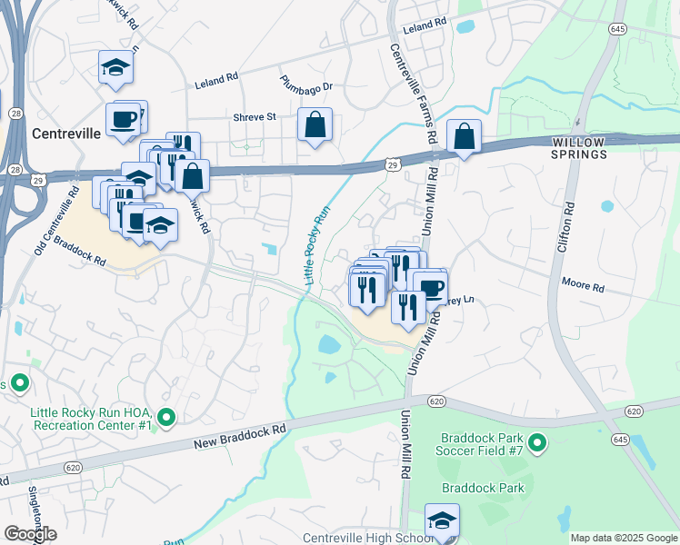 map of restaurants, bars, coffee shops, grocery stores, and more near 13538 Ruddy Duck Road in Clifton