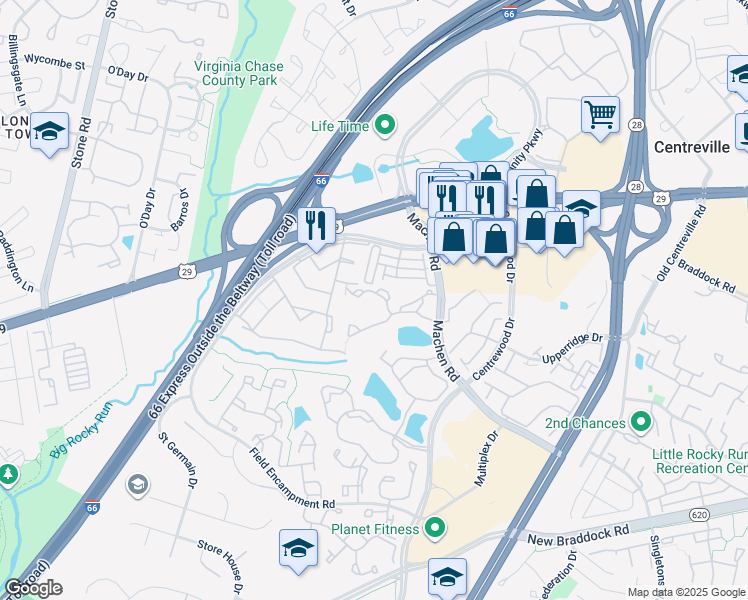 map of restaurants, bars, coffee shops, grocery stores, and more near 14301 Grape Holly Grove in Centreville
