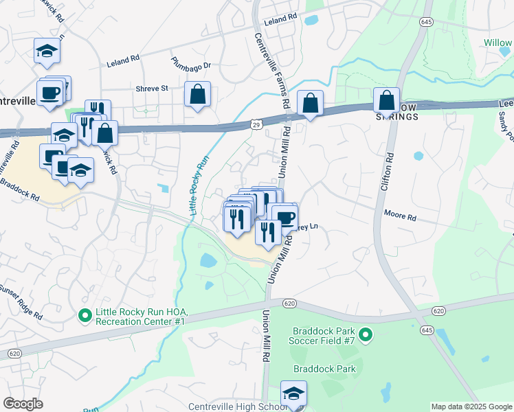 map of restaurants, bars, coffee shops, grocery stores, and more near 5674 White Dove Lane in Clifton