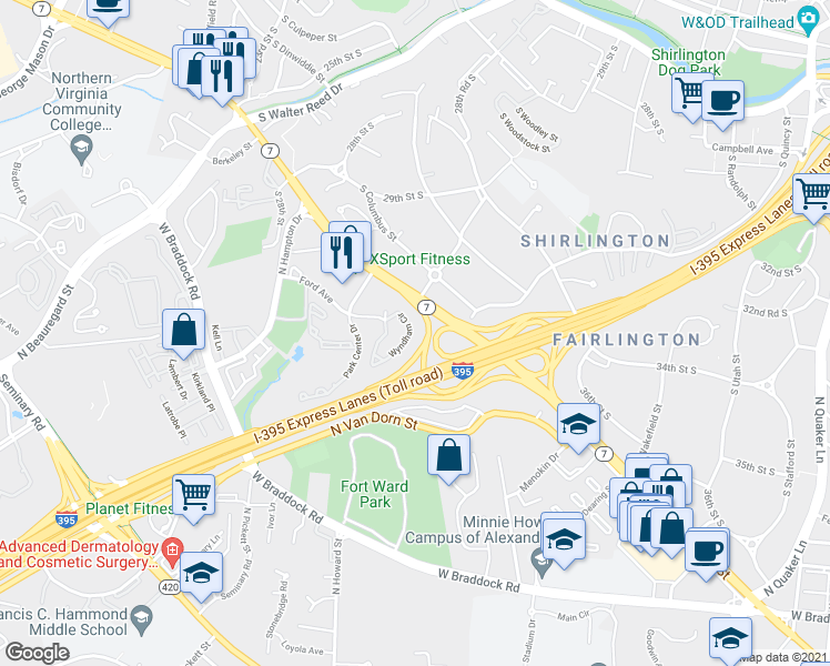 map of restaurants, bars, coffee shops, grocery stores, and more near 3313 Wyndham Circle in Alexandria