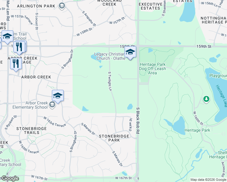 map of restaurants, bars, coffee shops, grocery stores, and more near 16090 South Lackman Road in Olathe