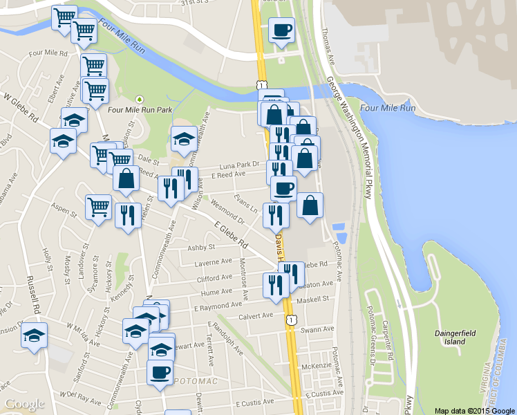 map of restaurants, bars, coffee shops, grocery stores, and more near 248 Evans Lane in Alexandria