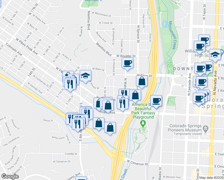 map of restaurants, bars, coffee shops, grocery stores, and more near 20 North Chestnut Street in Colorado Springs